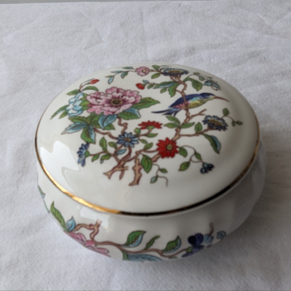 Aynsley Pembroke Bird Floral Bone China Round Trinket Box Discontinued